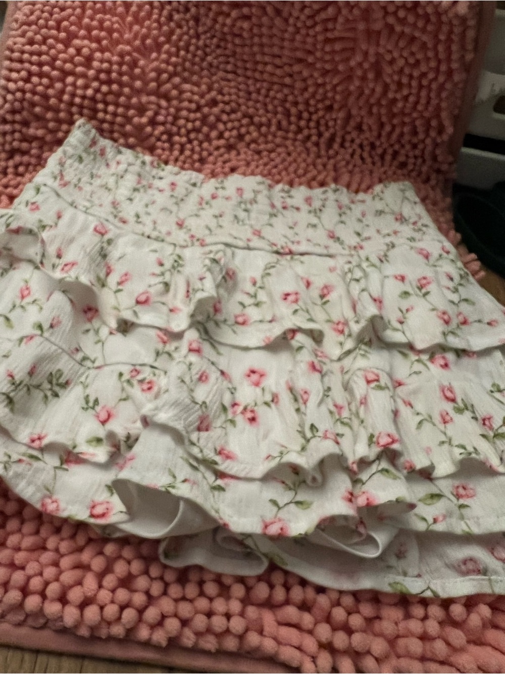 Forever 21 White Mini Skirt with Pink Floral Ruffles